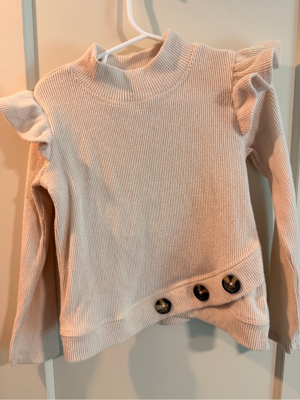Bonnie Jean Cream Mock Neck Ruffle Shoulder Sweater with Button Trim